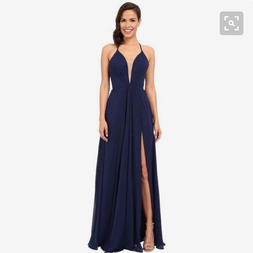 Faviana Chiffon V-Neck Evening Dress With Full Skirt With Slit And Lace-Up Back